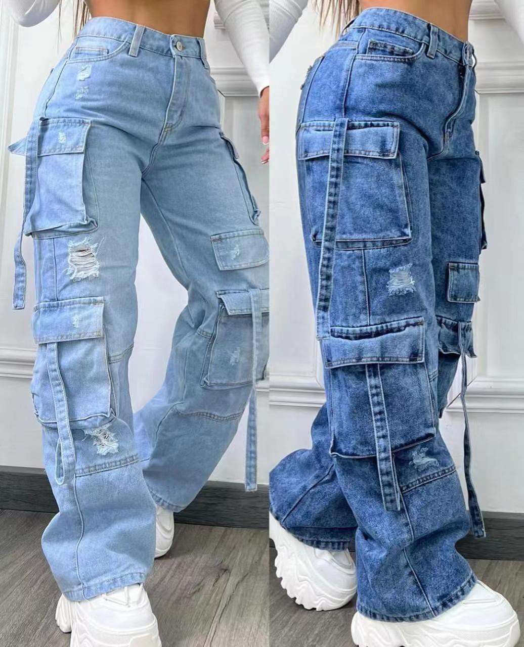 Women's High-Waisted Washed Retro Jeans Multi-Pocket Casual Cargo Pants For Foreign Trade Cross-Border Europe And America_ecoleips.com