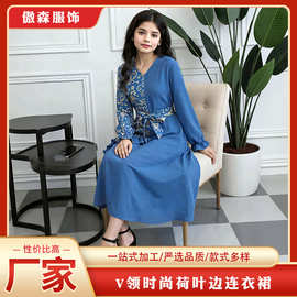 女童春夏季蓝色V领时尚印花荷叶边连衣裙蝴蝶结蓝色收腰带女童裙
