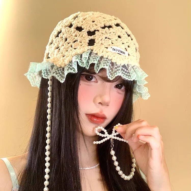批发珍珠吊坠蕾丝边镂空包头帽女春秋季民族风显脸小针织套头帽子|undefined