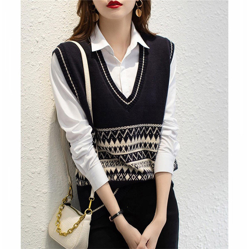 Estilo coreano color a juego Chaleco de punto jacquard chaleco Otoño e Invierno estilo occidental con cuello en V sin mangas interior y exterior desgaste chaleco suéter para las mujeres
