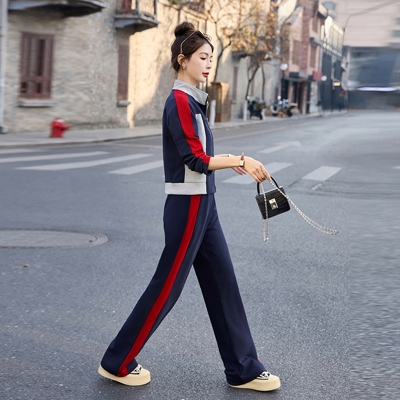 运动套装女春秋2025新款时尚显瘦开衫拼色休闲服立领卫衣两件套棉|undefined