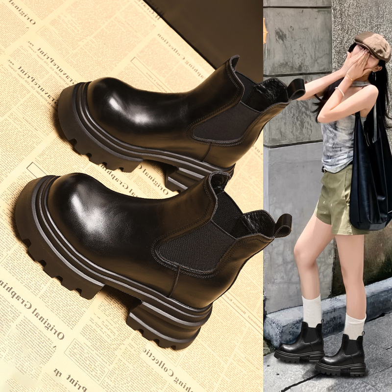 Boot nữ Chelsea cổ ngắn kiểu Anh đế dày tăng chiều cao — đen