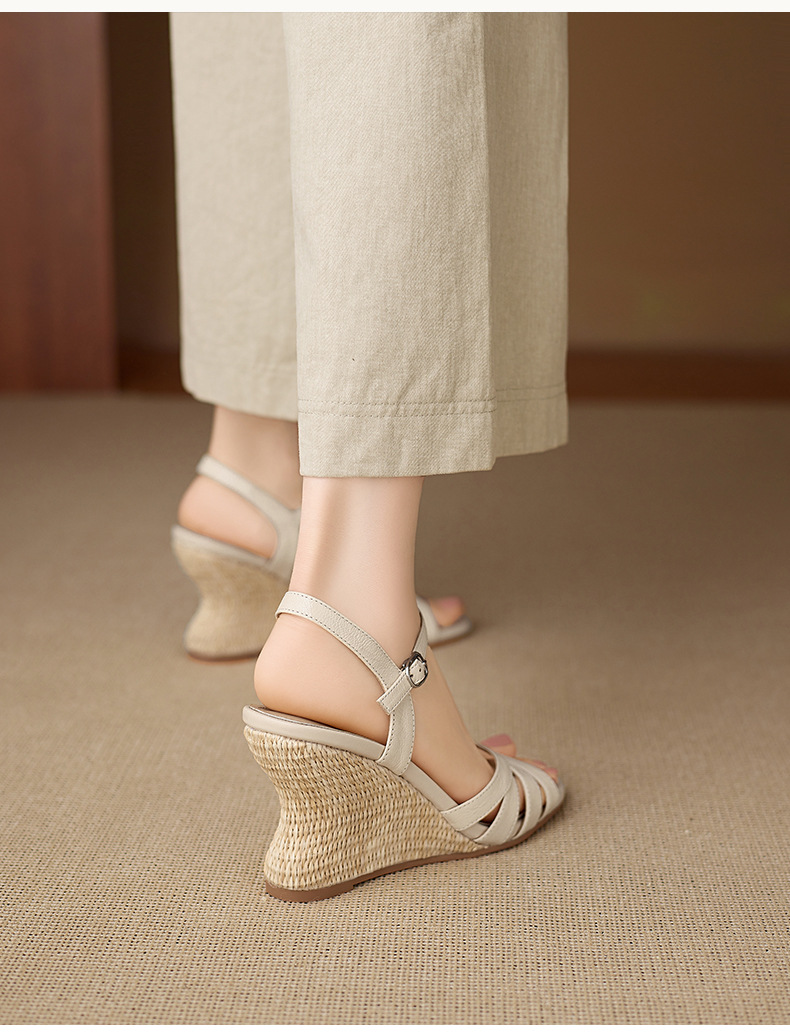 Sandal cao gót nữ hở mũi quai ngang đế xuồng bện cỏ — màu trắng ngà, màu mơ chi tiết 10