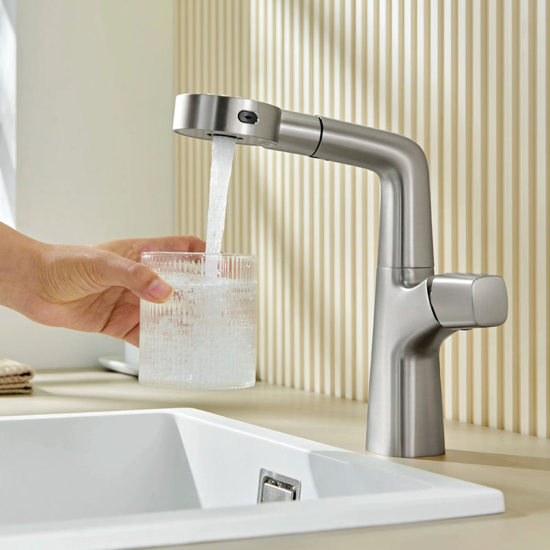 Brushed Nickel Multifunctional Basin Faucet Bathroom Sink Basin Adjustable Pull-Out Brushed Silver Faucet