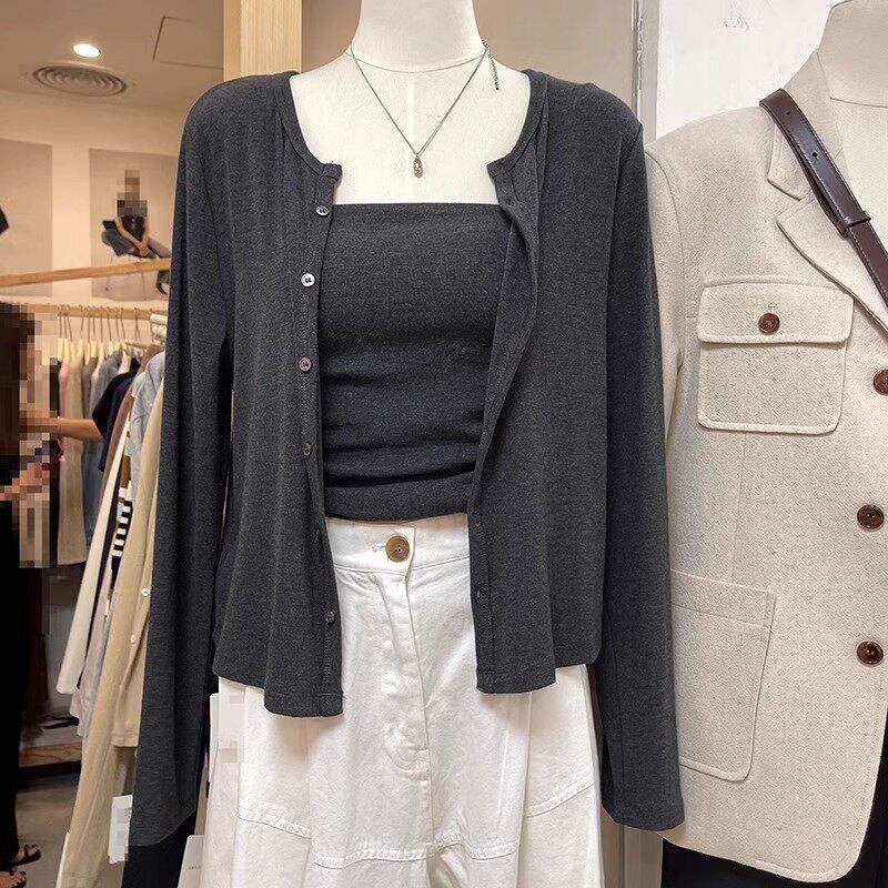 Knitted Cardigan for Women Paired with a Slip Dress and a Cover-Up, Summer Two-Piece Set with a Small Jacket and Short Top