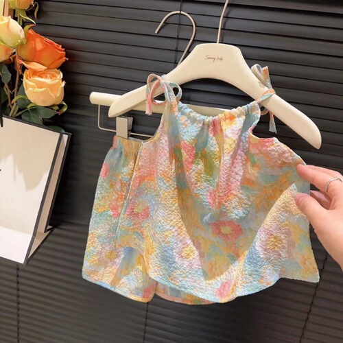 Summer New Style Dyeing Oil Painting Style Strap Set Girls Fashionable Floral Lace Vest Skirt Pants Internet Famous Baby Two Pieces