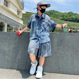 男童夏装仿牛仔冰丝套装薄款2026新款夏日清凉洋气衬衣短袖短裤潮