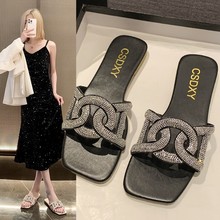 平底slippers shoes2024新款女拖鞋方头跨境大码夏天水钻女士凉拖