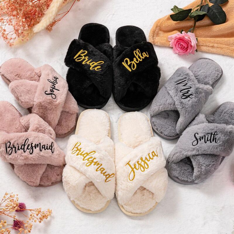 Cross-Border Popular Etsy Amazon Cross-Fur Slippers for Women, Flat Home Custom Open-Toe Cotton Slippers