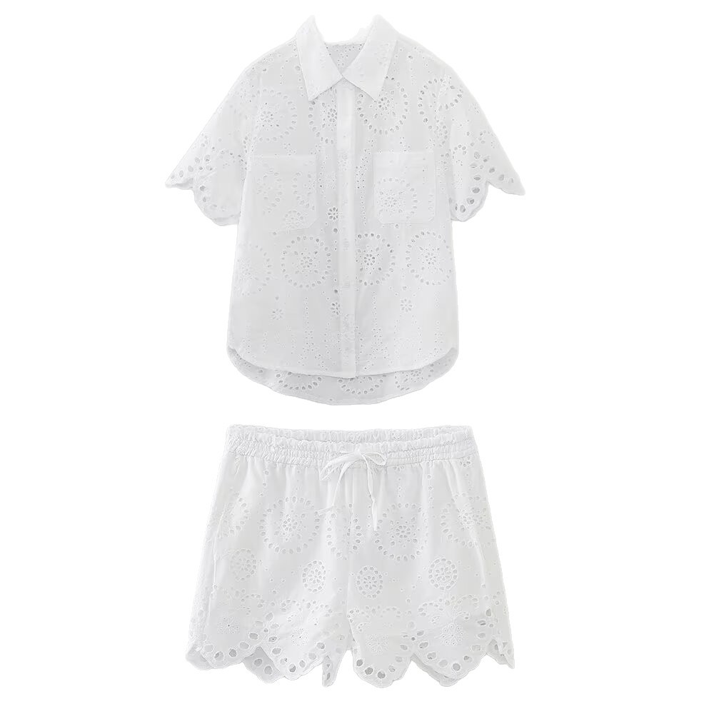 ZARW Self-made Casual Loose Hollow Embroidered Solid Color Top Shorts Set, European And American Style Summer New_ecoleips.com