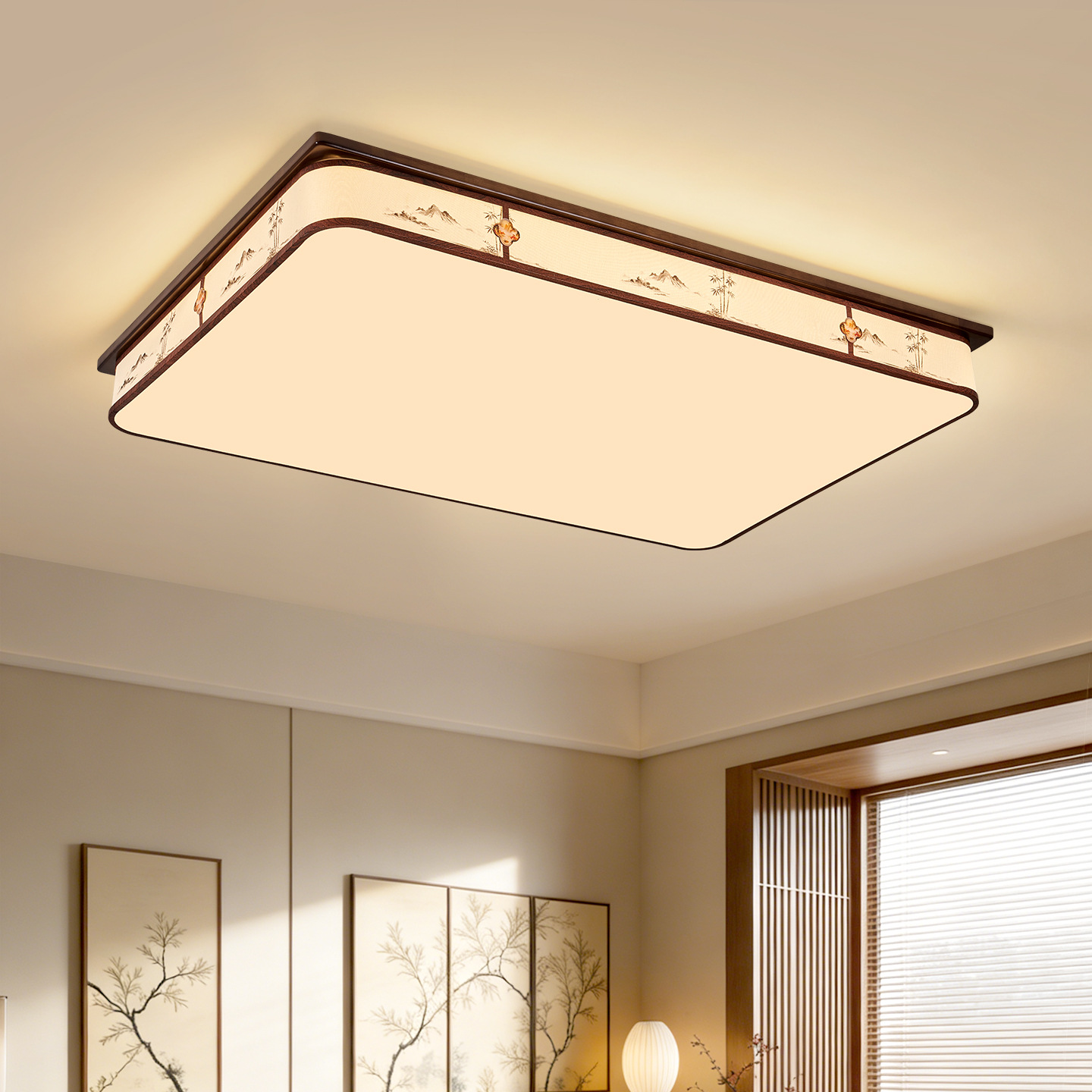 A rectangular ceiling light in a modern Chinese style, inspired by Song Dynasty aesthetics, featuring walnut wood, solid wood upholstery, and fabric accents for living rooms, bedrooms, and studies, with a classic Chinese feel.