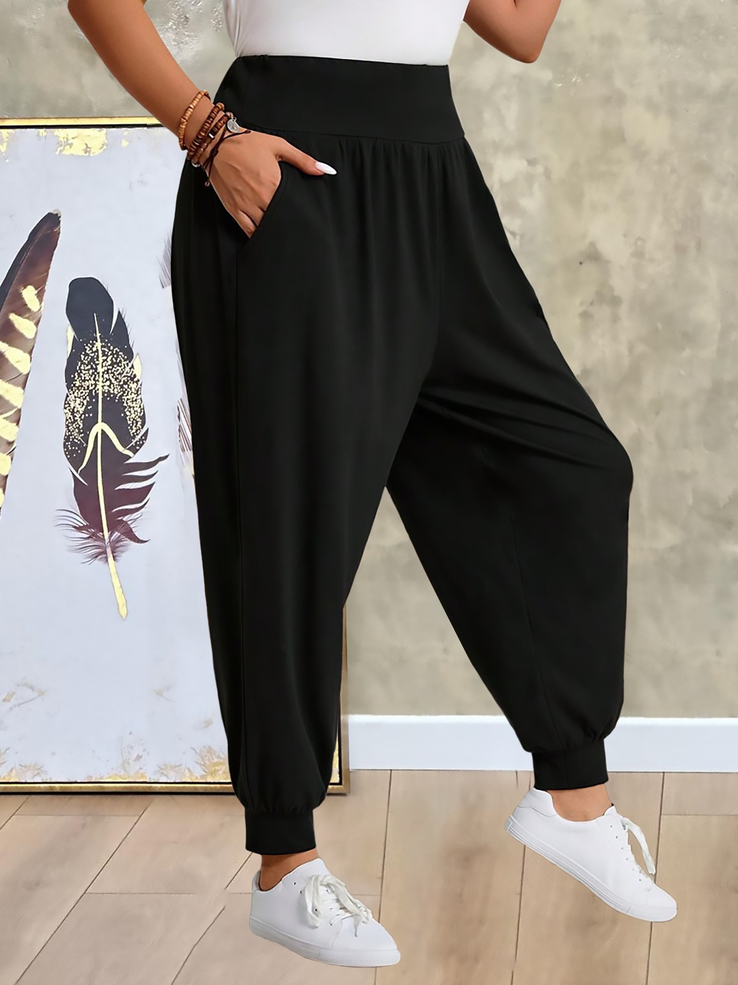 Women's Classic Black Harem Pants Elastic Waistband Side Pockets Soft Milk Silk Feel Comfortable Casual Wide Leg Trousers_ecoleips.com