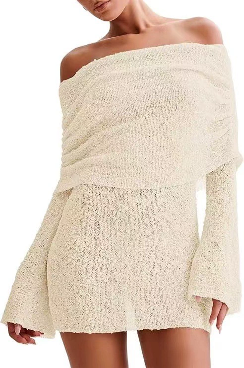 Вязаное короткое пляжное платье для женщин, открытые плечи, длин sleeves, европейский стиль, сексуальное мини
