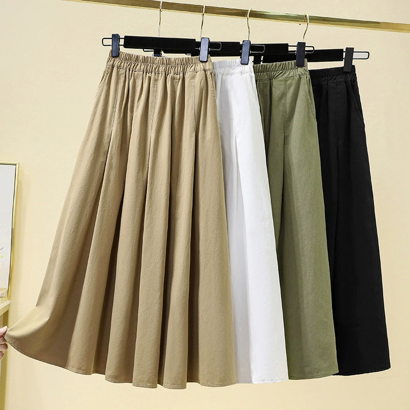 2024 лето новый ретро темперамент складка тонкая юбка бюстгатая женская эластичная талия сплошной цвет литературная юбка