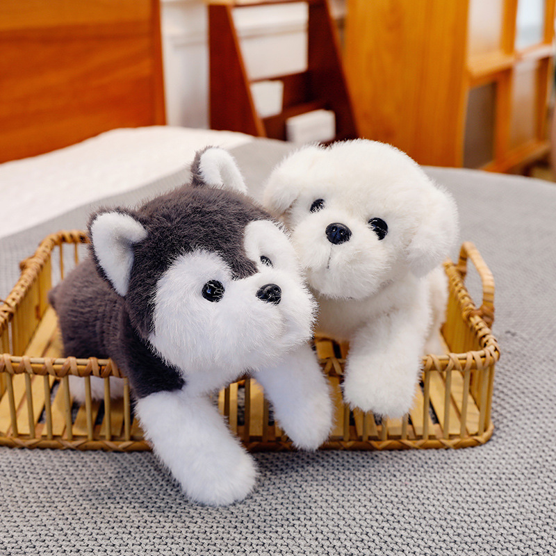 Cute collar perro juguete de peluche cachorro muñeca husky muñeca de pelo dorado suave lindo dormir simulación perro suave