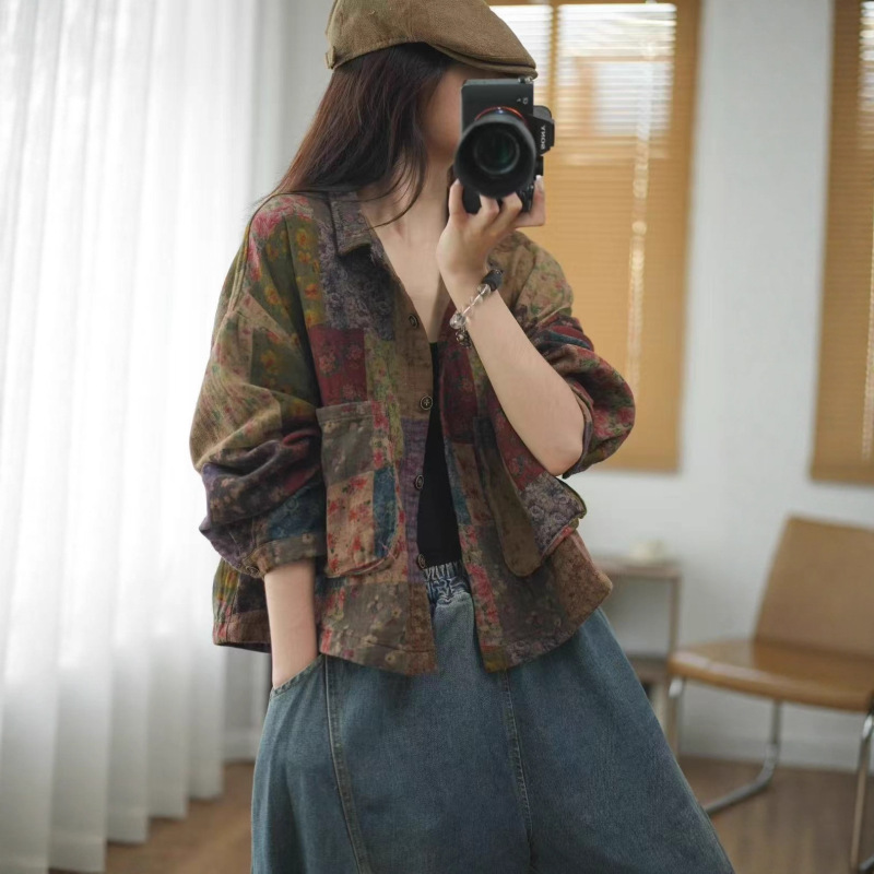 2025秋韩版宽松复古双纱印花立体口袋翻领外套百搭休闲上衣女8331|undefined