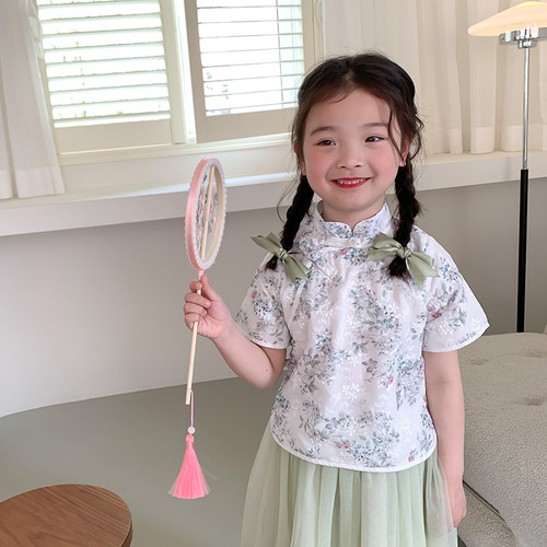 Elmo Beibei girls retro princess skirt  summer children's Chinese ancient style cheongsam gauze skirt two-piece suit