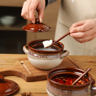 Vintage Ceramic Household Lard Tank with Lid Spoon Chili Oil Splashing Tank Heat Resistant High Temperature Resistant Spice Tank with Handle