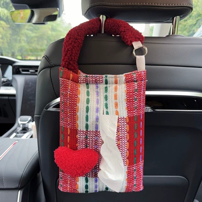 Car-mounted tissue box and trash bin 2-in-1, West Highland style, trendy car tissue bag, hanging type, high-end tissue bag for women (Car tissue box/set) - red-heart-shaped-fabric-hanging-tissue-bag