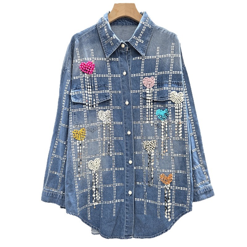 2025 Autumn New Tassel Sequin Design Heavy Rhinestone Denim Shirt Women's Loose Versatile Long Sleeve Top
