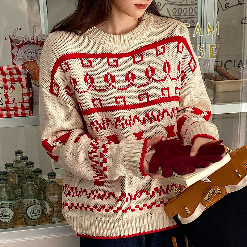 Special offer Christmas style retro geometric jacquard long-sleeved sweater women's 2023 Winter round neck loose casual top 5727