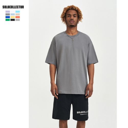 Trendy brand men's 240G double yarn pure cotton short-sleeved men's solid color FOG loose men's heavy off-shoulder T-shirt 2024 new style