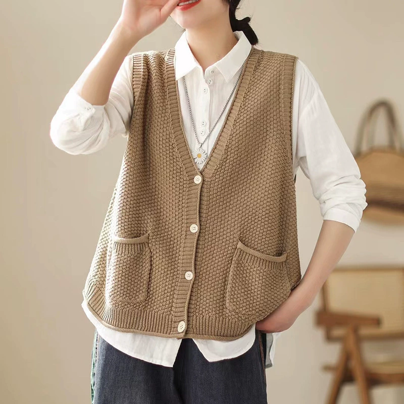 Осень 2023 Новый художественный Ретро Свободный вязаный жилет без рукавов с V-образным вырезом кардиган из полого хлопка универсальный топ