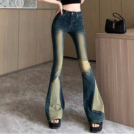 美式复古做旧微喇叭铆钉拼接牛仔裤女秋冬新款高腰显瘦拖地长裤