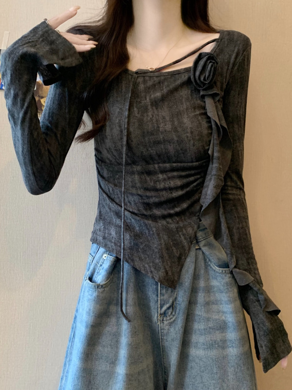 韩系设计感立体花朵褶皱扎染长袖针织衫女秋季不规则修身显瘦上衣|undefined