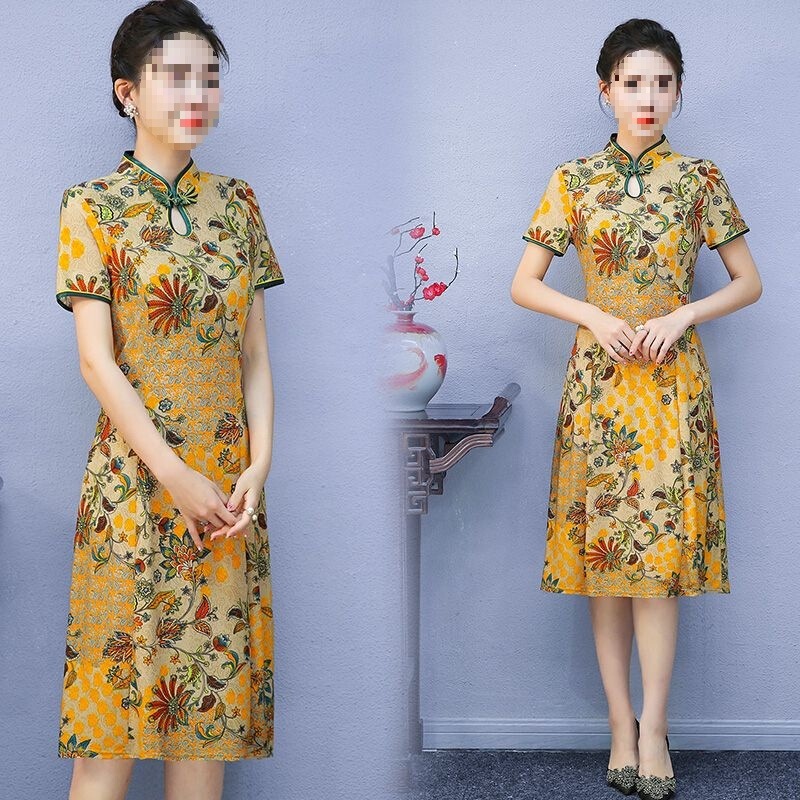 New Fashionable and Stylish Floral Dress, Summer Qipao Dress for Young Mothers, Mid-Length Dress for Women Aged 40 to 50 New Fashionable and Stylish Floral Dress, Summer Qipao Dress for Young Mothers, Mid-Length Dress for Women Aged 40 to 50