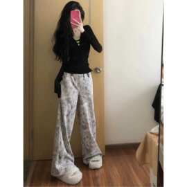 秋季新款高腰美式阔腿裤女复古扎染印花休闲宽松显瘦垂感拖地长裤