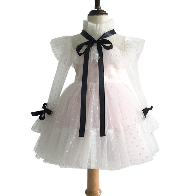 Nuevo Comercio exterior vestido de novia para niños europeos y americanos malla de manga larga para niñas Rendimiento De Cumpleaños princesa vestido MIDI verano
