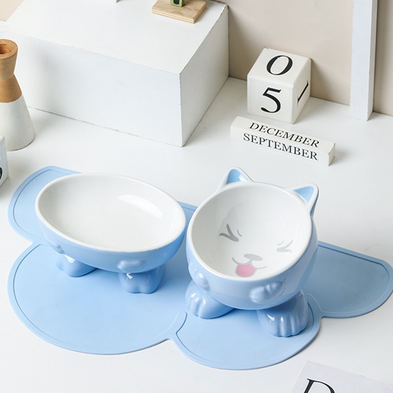 파란 고양이 귀 그릇 + 파란 타원형 그릇-미끄럼 방지 매트