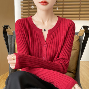 New Andy Velvet Round V Neck Striped Vertical Wool Long-Sleeved Knitted Cardigan Autumn and Winter Outwear Top with Cardigan