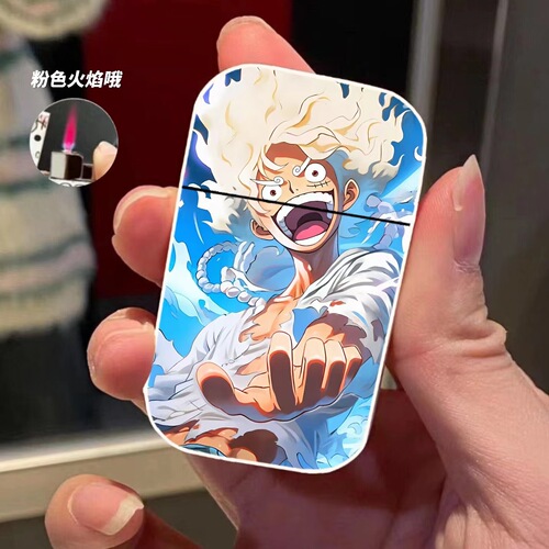 Pink Flame Creative Windproof Lighter Metal Inflatable Lighter Anime Cartoon One Piece Advertising Machine