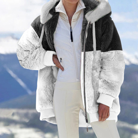(In Stock) Cross-border European and American 2025 Autumn/Winter Warm Plush Patchwork Hooded Coat for Women with Zipper Pockets and Loose Fit