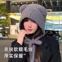 大头围咖色耳朵可爱卡通小熊针织毛线帽子女秋冬季毛绒绒套头帽潮