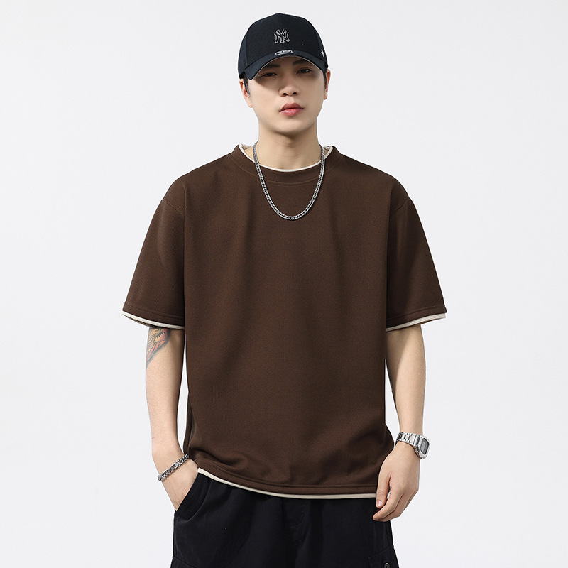 Cool Cotton American Style Wafflour Style Summer Short-sleeved Men's T-shirt Japanese Style Fake Two-piece Half-sleeved Korean Style Casual Loose T-shirt
