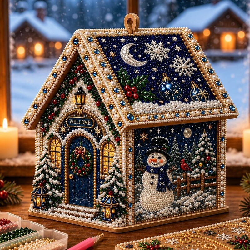 New 3D Wooden Christmas House Diamond Art Kit, Christmas House Diamond Painting