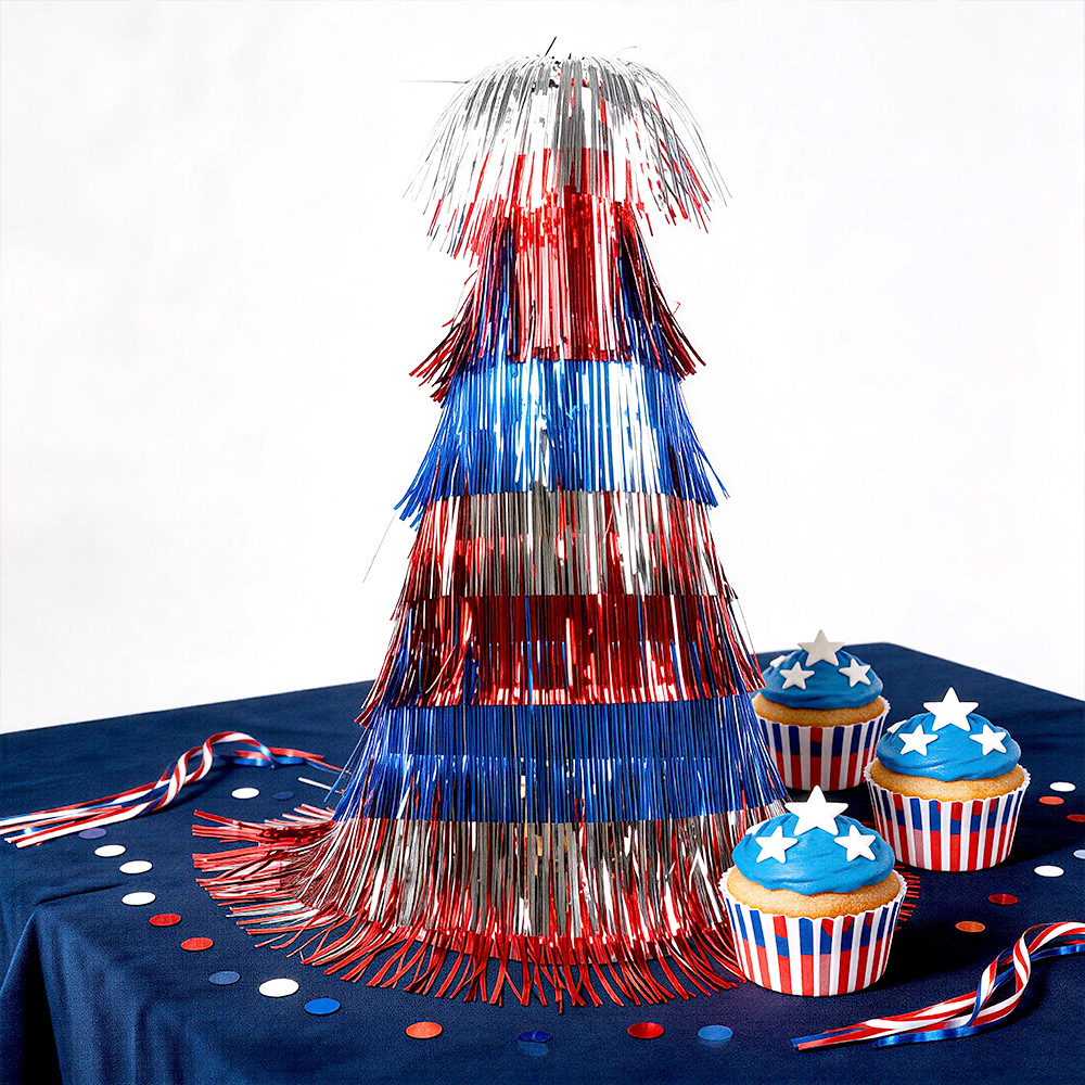 Sombreros del Día de la Independencia transfronterizos rojo, plata, azul, sombrero de punta de seda lluvia, 250 aniversario de la decoración del desfile, sombrero de fiesta con bordas