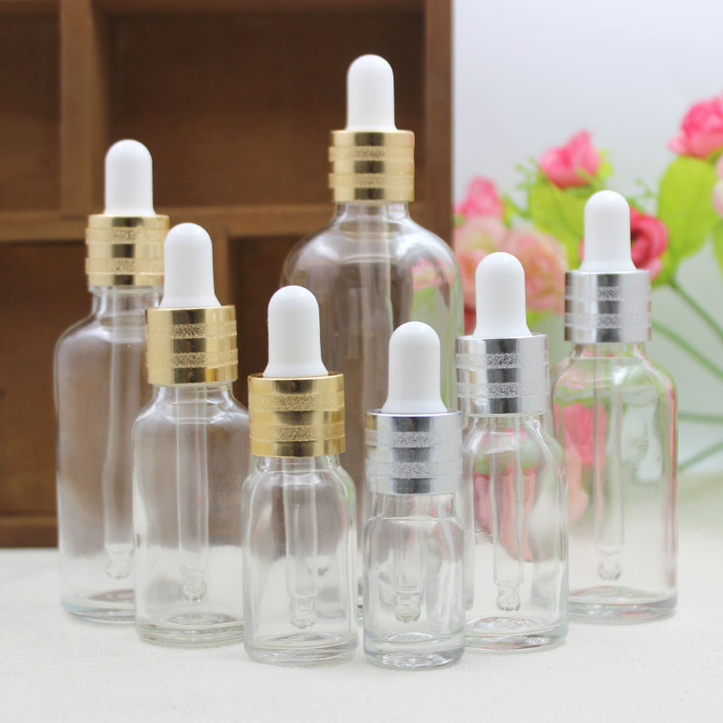 批发透明玻璃精油瓶胶头调配瓶5ml-100ml滴管分装稀释空瓶子