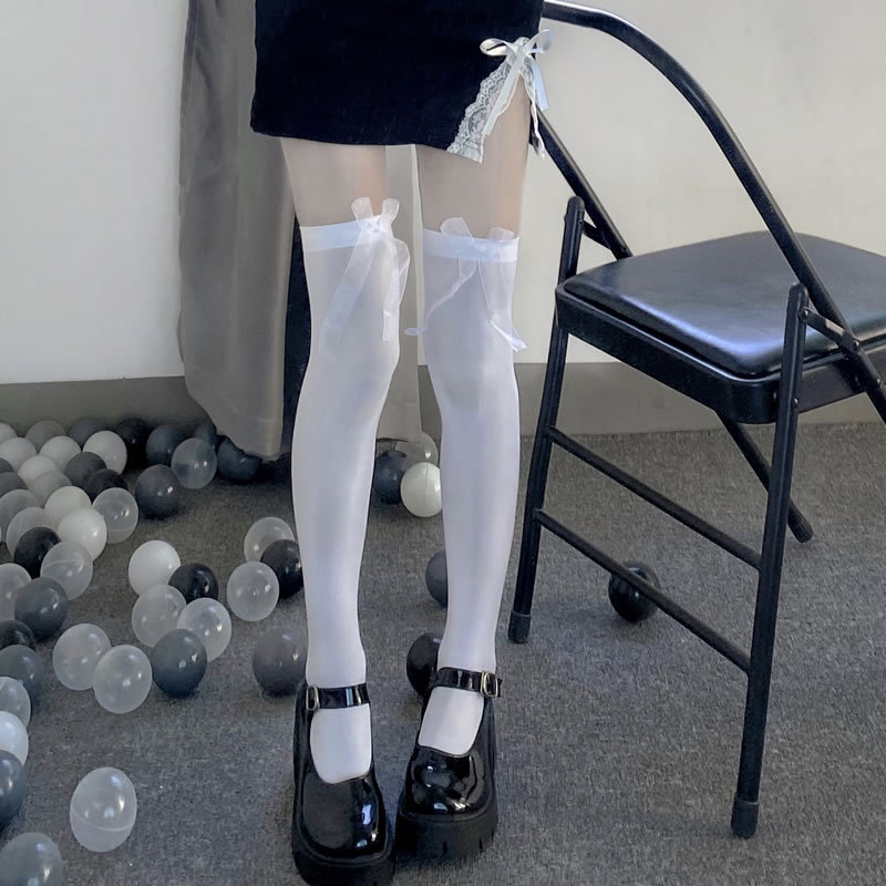 Stockings Lolita socks women's summer thin lace bow anti-hook silk jk black thigh knee-high white stockings
