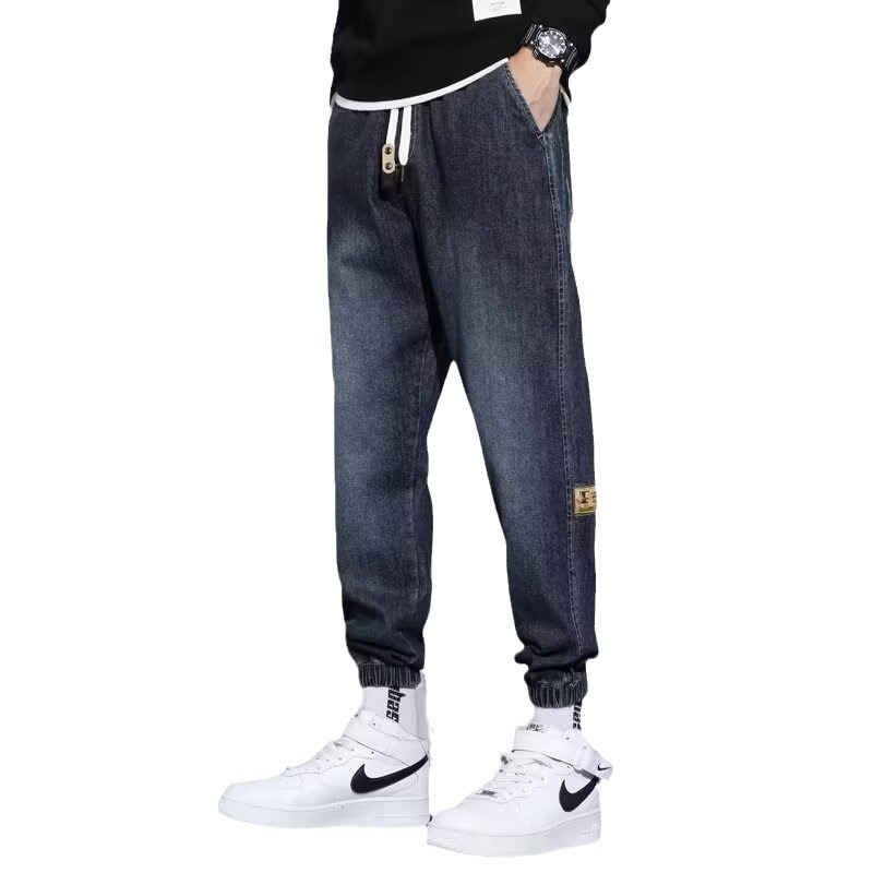 2024 primavera y otoño pantalones vaqueros de cintura elástica todo fósforo para hombres, pantalones de pierna ancha rectos sueltos para adolescentes de la calle principal