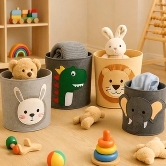 Cesta de almacenamiento de juguetes creativos de animales lindos personalizados Cesta de ropa sucia lavable de fieltro grueso de dibujos animados nórdicos