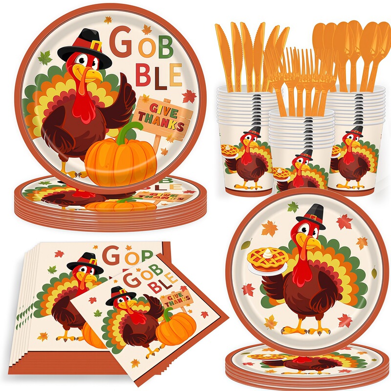 Thanksgiving Cartoon Turkey Maple Leaf Theme Party Disposable Paper Plates, Napkins, Paper Cups Holiday Party Set
