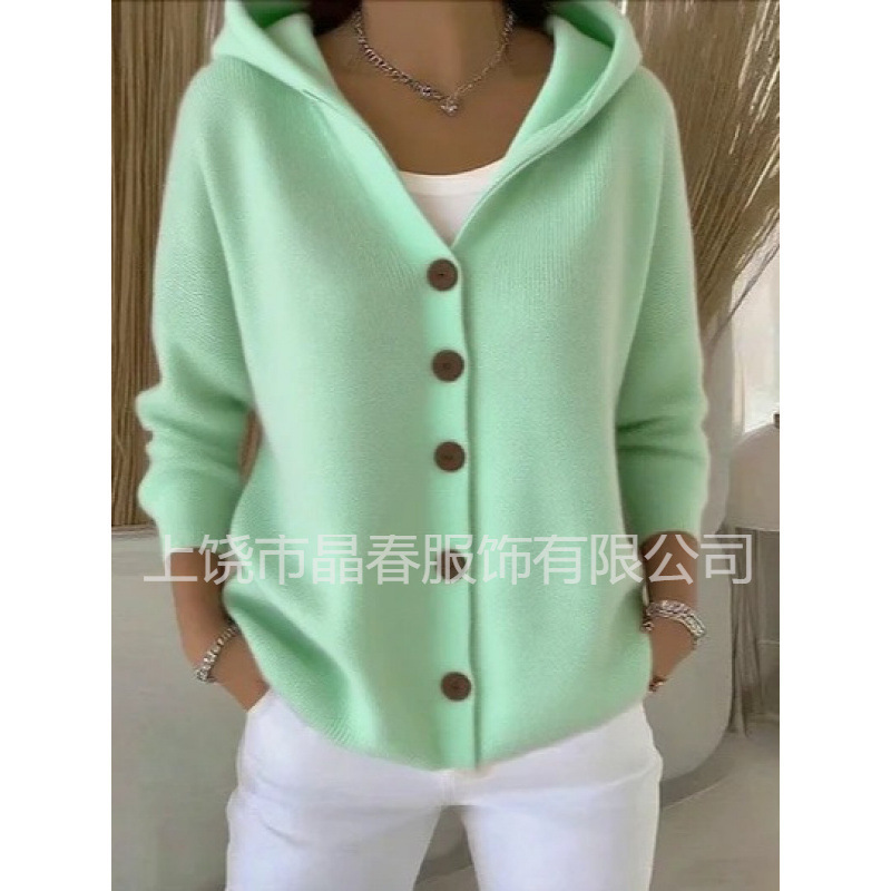 European and American Button Knitted Hooded Cardigan Sweatshirt Jacket Autumn and Winter New Cross-Border Solid Color Casual Fashion Women's Clothing