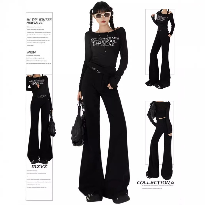 American Retro Black Low-Waist Bootcut Jeans for Women in Spring & Fall, Loose and Slimming, Long Hot Girl Wide-Leg Pants for Small People
