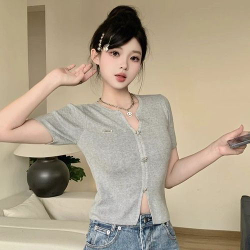 French Short-Sleeve Top with High-End Grey V-Neck Ice Silk Knit Dress Shirt for Women - Summer Fitted Slimming T-Shirt
