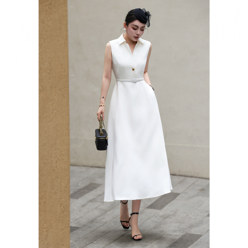 Fengjia's New 2026 Spring-Summer Simple and Sophisticated Hepburn-Style Lapel Sleeveless A-Line Dress, Elegant White Long Dress Fengjia's New 2026 Spring-Summer Simple and Sophisticated Hepburn-Style Lapel Sleeveless A-Line Dress, Elegant White Long Dress