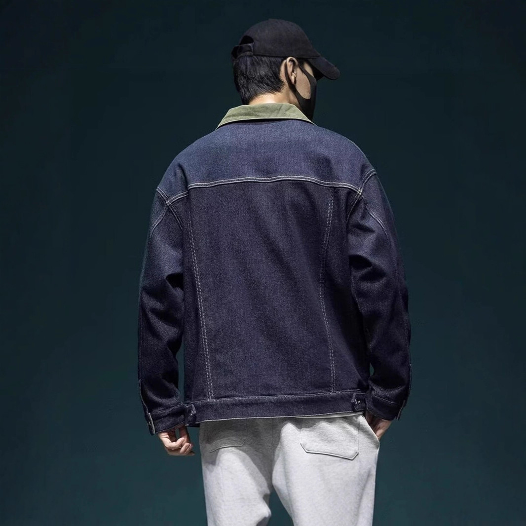 Retro-Jeansjacke in Dunkelblau, Herren, trendige Marke, lockere Passform, lässige Arbeitsjacke in Übergröße_voghion.com